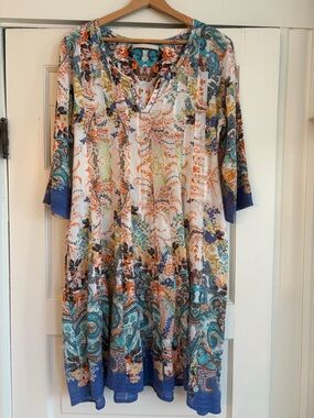 Lola Australia Floral Paisley Cotton  V-Neck Midi Dress in Teal Blue and peach M